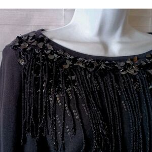 ST. JOHN Black Sequin Fringe Wool Silk Knit Top M